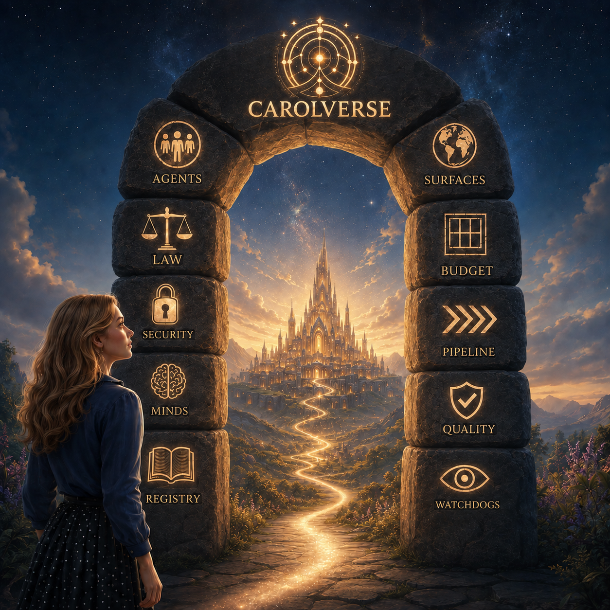 The gateway to the Carolverse: an arch of named blocks opening on the capital